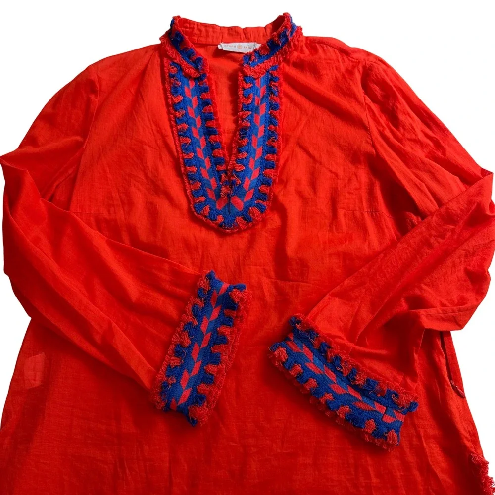 Tory Burch Red Orange Embroidered Fringe Tunic Top‎ Womens Size 14 Side Zip